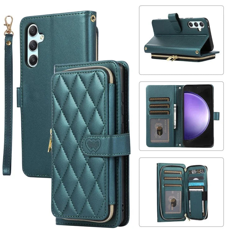 For Samsung Galaxy S23 FE Leather Case Rhombus Stitching Wallet Zipper Phone Cover with Strap