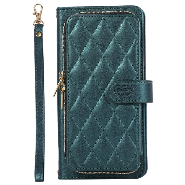 For Samsung Galaxy S23 FE Leather Case Rhombus Stitching Wallet Zipper Phone Cover with Strap