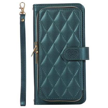 For Samsung Galaxy S23 FE Leather Case Rhombus Stitching Wallet Zipper Phone Cover with Strap
