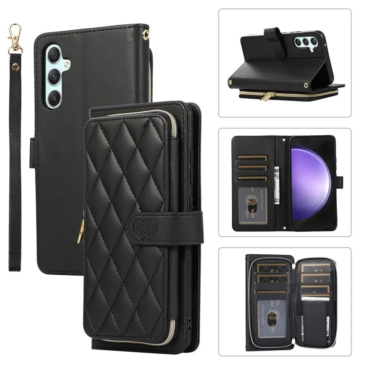 For Samsung Galaxy S23 FE Leather Case Rhombus Stitching Wallet Zipper Phone Cover with Strap