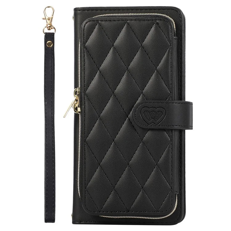 For Samsung Galaxy S23 FE Leather Case Rhombus Stitching Wallet Zipper Phone Cover with Strap