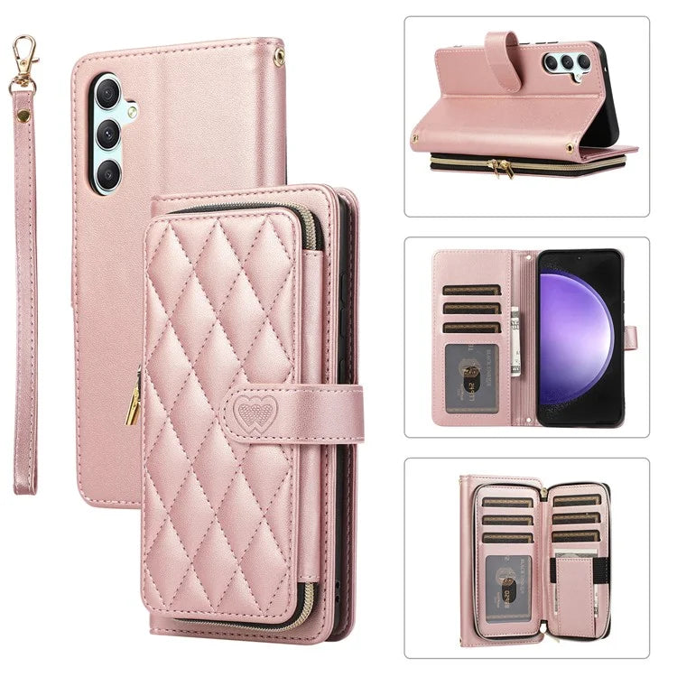 For Samsung Galaxy S23 FE Leather Case Rhombus Stitching Wallet Zipper Phone Cover with Strap