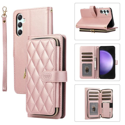 For Samsung Galaxy S23 FE Leather Case Rhombus Stitching Wallet Zipper Phone Cover with Strap