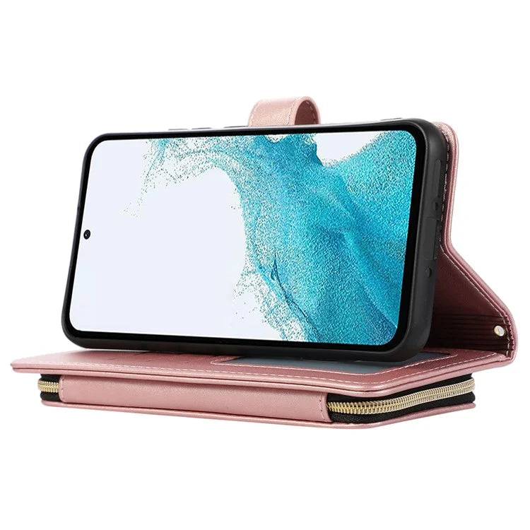 For Samsung Galaxy S23 FE Leather Case Rhombus Stitching Wallet Zipper Phone Cover with Strap