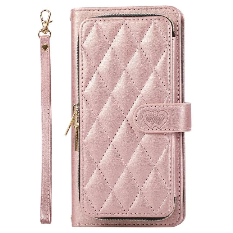 For Samsung Galaxy S23 FE Leather Case Rhombus Stitching Wallet Zipper Phone Cover with Strap