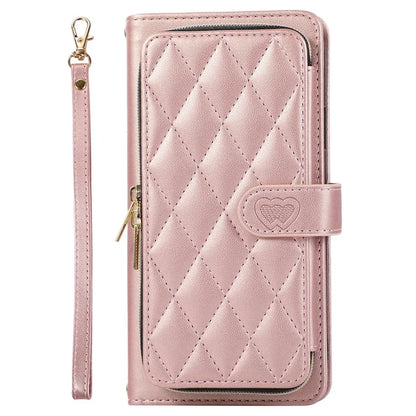 For Samsung Galaxy S23 FE Leather Case Rhombus Stitching Wallet Zipper Phone Cover with Strap
