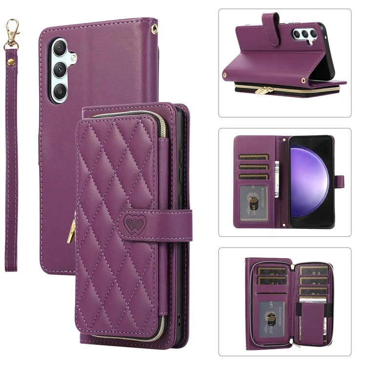 For Samsung Galaxy S23 FE Leather Case Rhombus Stitching Wallet Zipper Phone Cover with Strap
