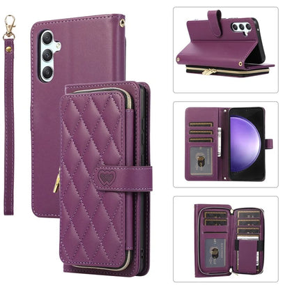 For Samsung Galaxy S23 FE Leather Case Rhombus Stitching Wallet Zipper Phone Cover with Strap