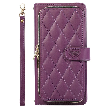 For Samsung Galaxy S23 FE Leather Case Rhombus Stitching Wallet Zipper Phone Cover with Strap