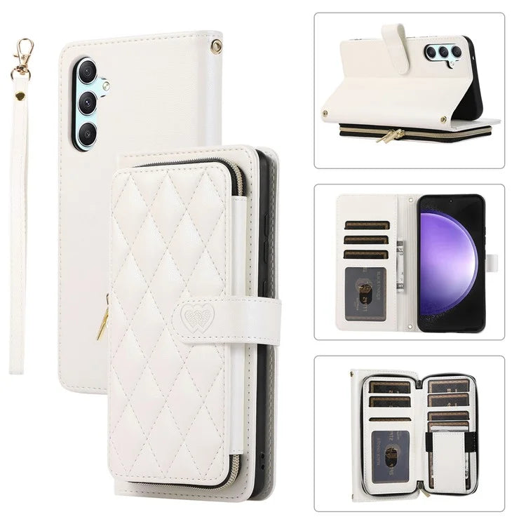 For Samsung Galaxy S23 FE Leather Case Rhombus Stitching Wallet Zipper Phone Cover with Strap