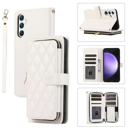 For Samsung Galaxy S23 FE Leather Case Rhombus Stitching Wallet Zipper Phone Cover with Strap
