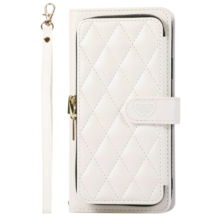 For Samsung Galaxy S23 FE Leather Case Rhombus Stitching Wallet Zipper Phone Cover with Strap