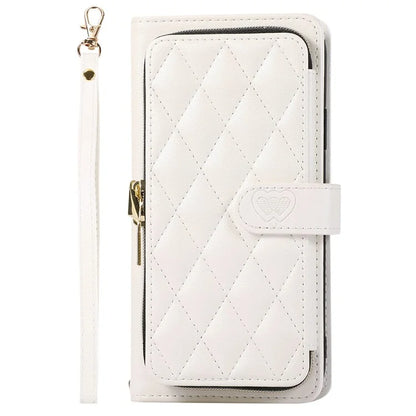For Samsung Galaxy S23 FE Leather Case Rhombus Stitching Wallet Zipper Phone Cover with Strap