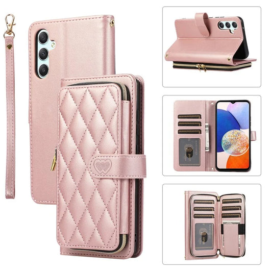 For Samsung Galaxy A14 5G / 4G Leather Case Zipper Pocket Phone Cover with Wrist Strap