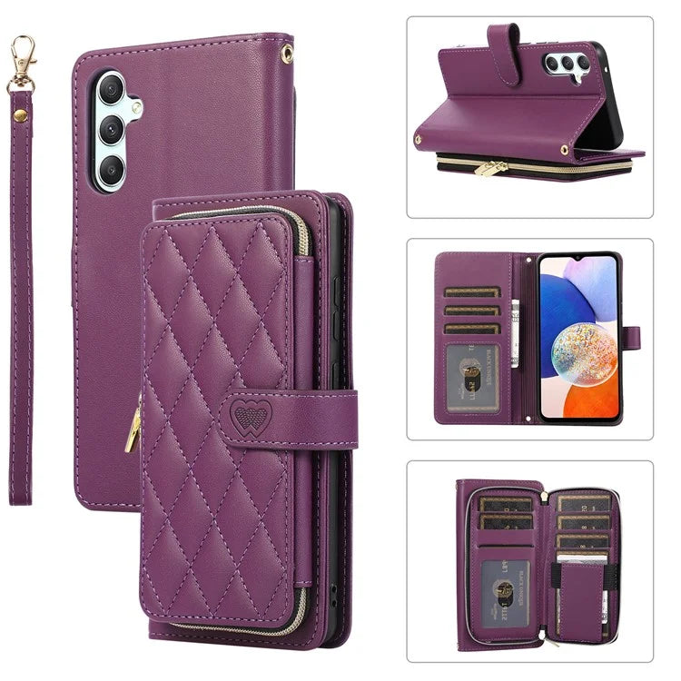 For Samsung Galaxy A14 5G / 4G Leather Case Zipper Pocket Phone Cover with Wrist Strap