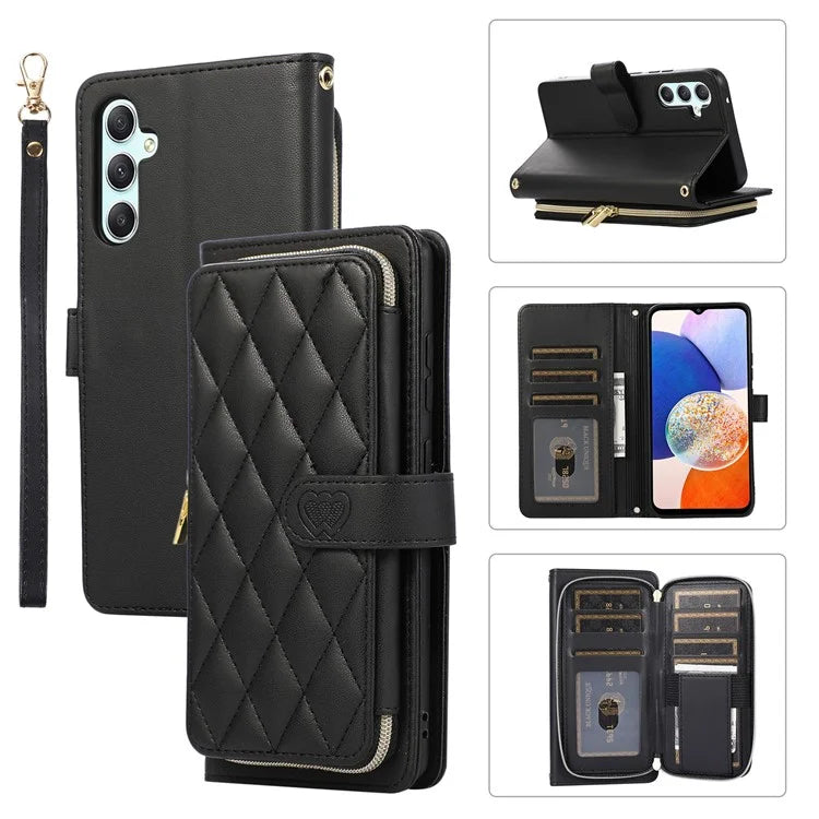 For Samsung Galaxy A14 5G / 4G Leather Case Zipper Pocket Phone Cover with Wrist Strap