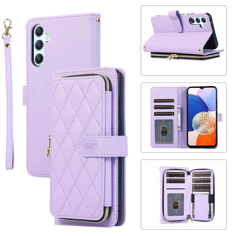 For Samsung Galaxy A14 5G / 4G Leather Case Zipper Pocket Phone Cover with Wrist Strap