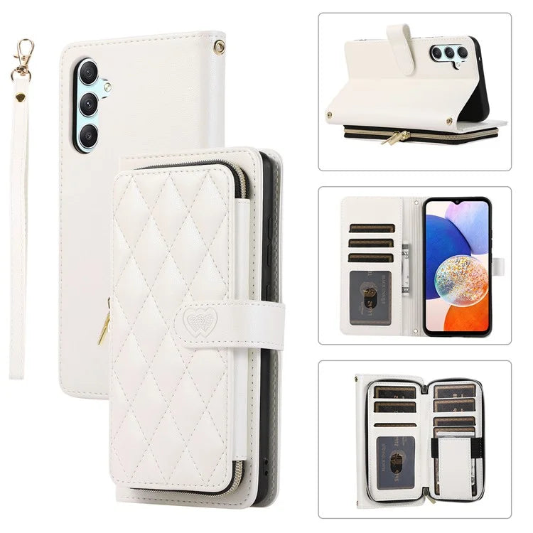 For Samsung Galaxy A14 5G / 4G Leather Case Zipper Pocket Phone Cover with Wrist Strap
