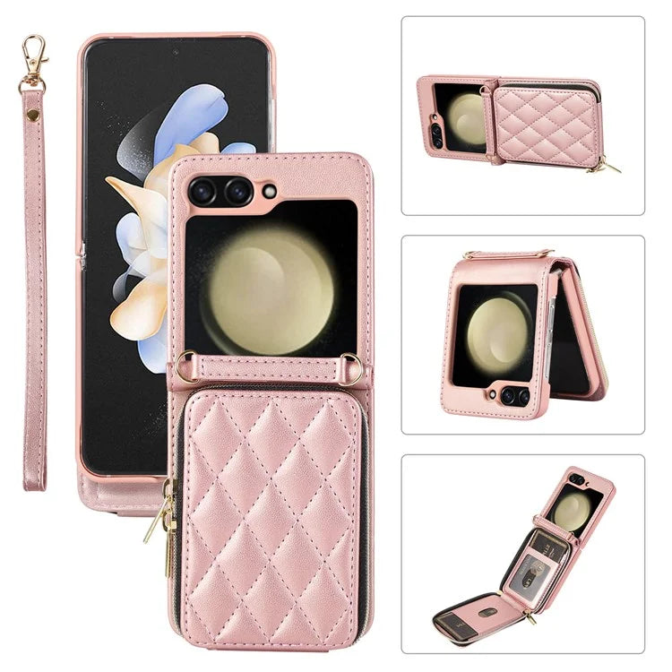 For Samsung Galaxy Z Flip5 5G Case Leather+PC Zipper Phone Cover with Wrist Strap
