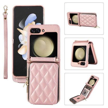 For Samsung Galaxy Z Flip5 5G Case Leather+PC Zipper Phone Cover with Wrist Strap