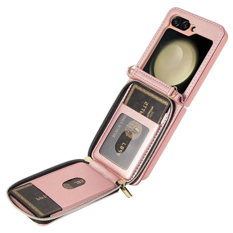 For Samsung Galaxy Z Flip5 5G Case Leather+PC Zipper Phone Cover with Wrist Strap