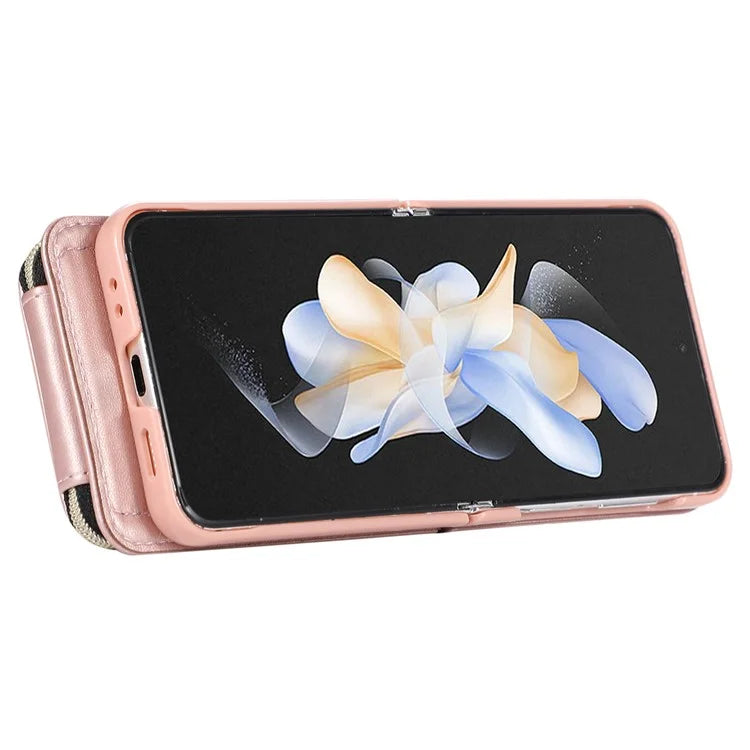For Samsung Galaxy Z Flip5 5G Case Leather+PC Zipper Phone Cover with Wrist Strap