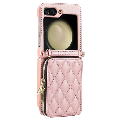 For Samsung Galaxy Z Flip5 5G Case Leather+PC Zipper Phone Cover with Wrist Strap