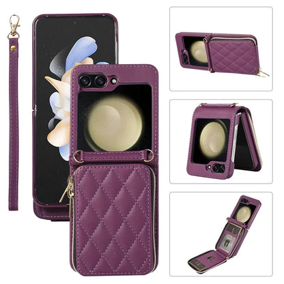 For Samsung Galaxy Z Flip5 5G Case Leather+PC Zipper Phone Cover with Wrist Strap