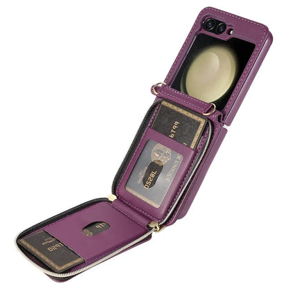 For Samsung Galaxy Z Flip5 5G Case Leather+PC Zipper Phone Cover with Wrist Strap