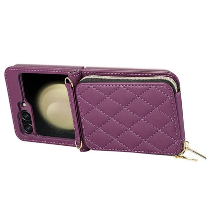 For Samsung Galaxy Z Flip5 5G Case Leather+PC Zipper Phone Cover with Wrist Strap