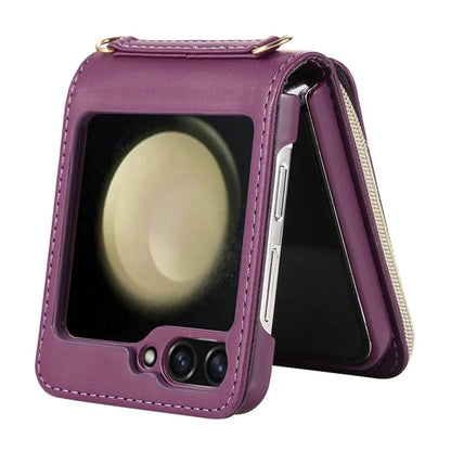 For Samsung Galaxy Z Flip5 5G Case Leather+PC Zipper Phone Cover with Wrist Strap