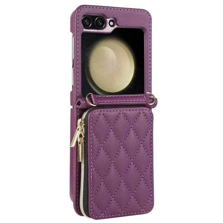 For Samsung Galaxy Z Flip5 5G Case Leather+PC Zipper Phone Cover with Wrist Strap