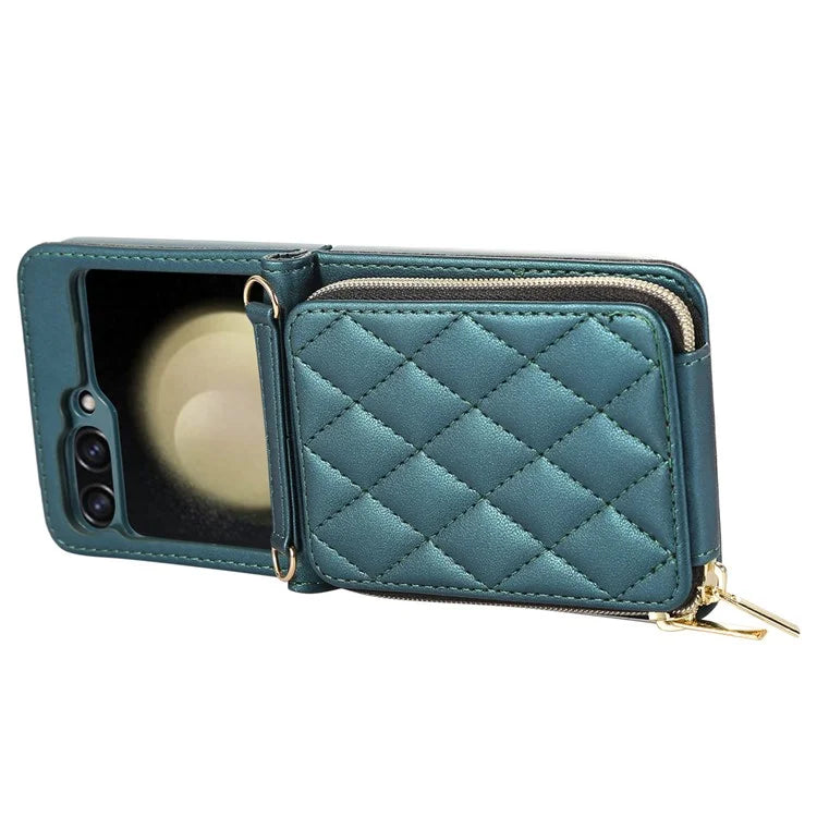 For Samsung Galaxy Z Flip5 5G Case Leather+PC Zipper Phone Cover with Wrist Strap