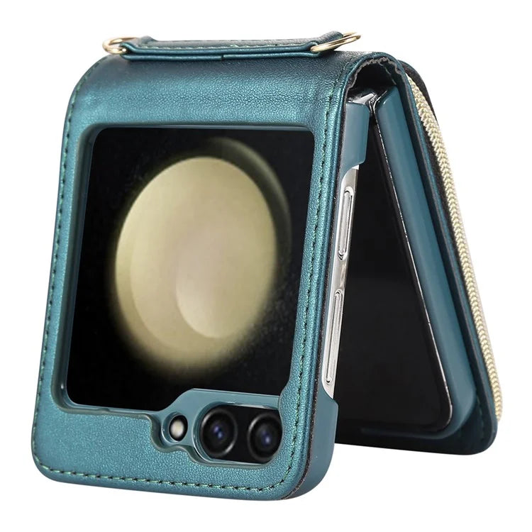 For Samsung Galaxy Z Flip5 5G Case Leather+PC Zipper Phone Cover with Wrist Strap