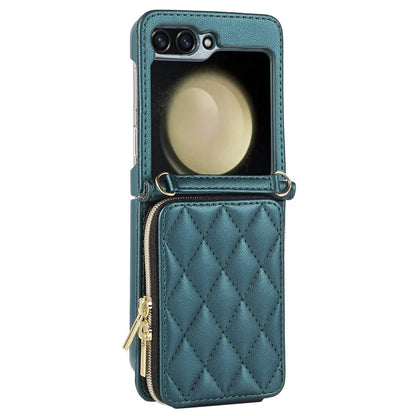 For Samsung Galaxy Z Flip5 5G Case Leather+PC Zipper Phone Cover with Wrist Strap