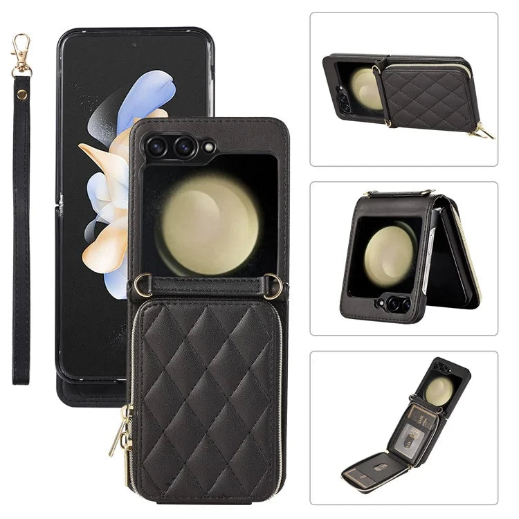 For Samsung Galaxy Z Flip5 5G Case Leather+PC Zipper Phone Cover with Wrist Strap