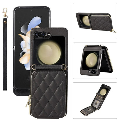 For Samsung Galaxy Z Flip5 5G Case Leather+PC Zipper Phone Cover with Wrist Strap