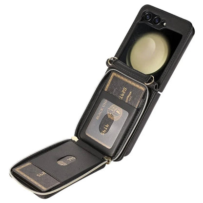 For Samsung Galaxy Z Flip5 5G Case Leather+PC Zipper Phone Cover with Wrist Strap