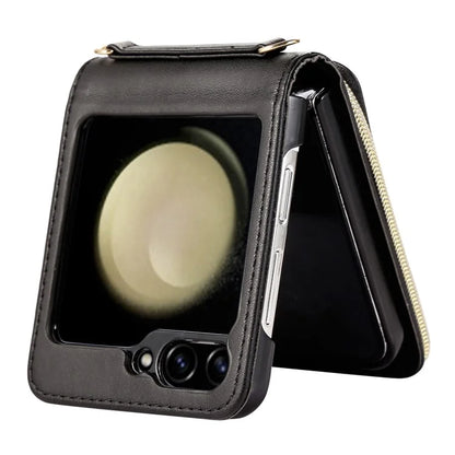 For Samsung Galaxy Z Flip5 5G Case Leather+PC Zipper Phone Cover with Wrist Strap