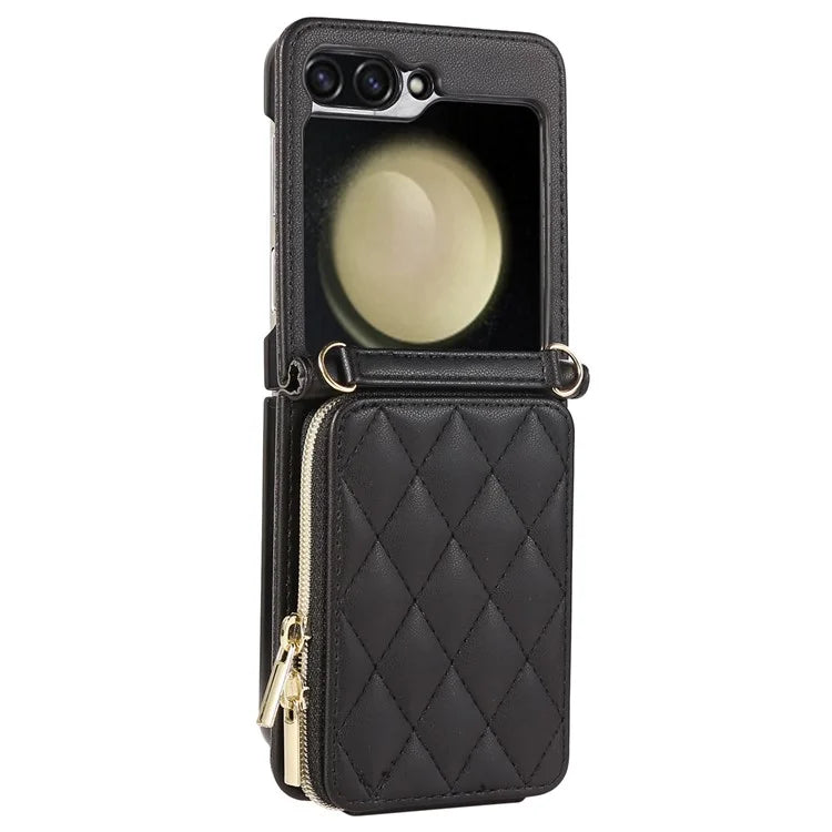 For Samsung Galaxy Z Flip5 5G Case Leather+PC Zipper Phone Cover with Wrist Strap