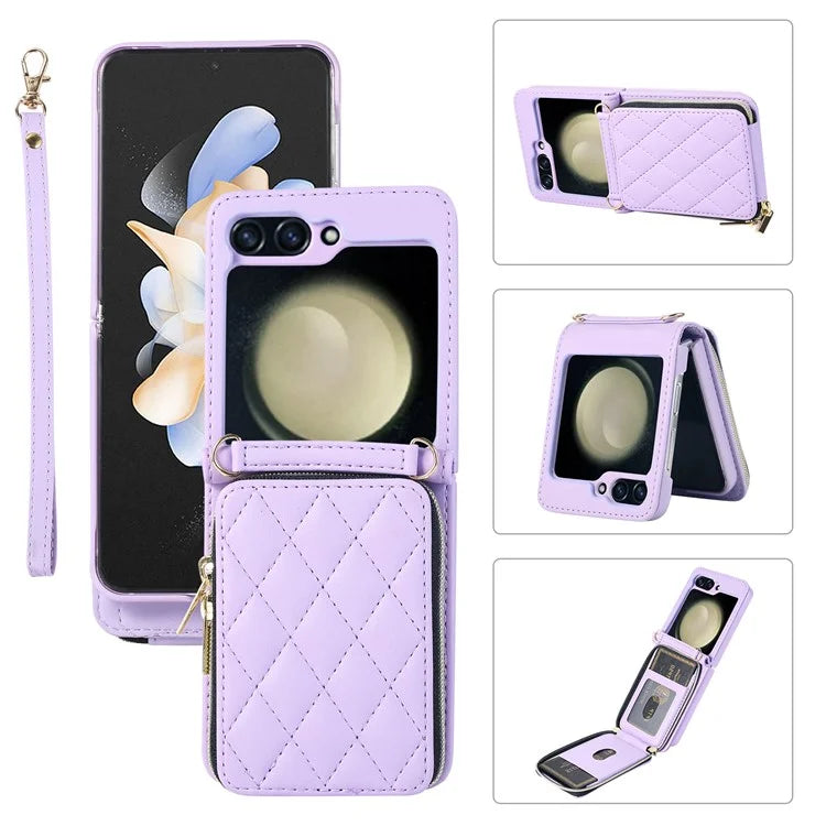 For Samsung Galaxy Z Flip5 5G Case Leather+PC Zipper Phone Cover with Wrist Strap