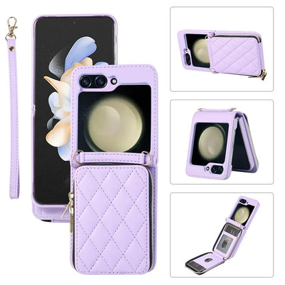 For Samsung Galaxy Z Flip5 5G Case Leather+PC Zipper Phone Cover with Wrist Strap