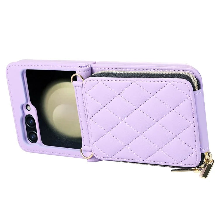 For Samsung Galaxy Z Flip5 5G Case Leather+PC Zipper Phone Cover with Wrist Strap