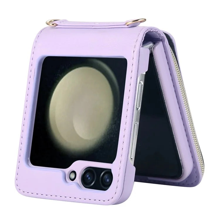 For Samsung Galaxy Z Flip5 5G Case Leather+PC Zipper Phone Cover with Wrist Strap