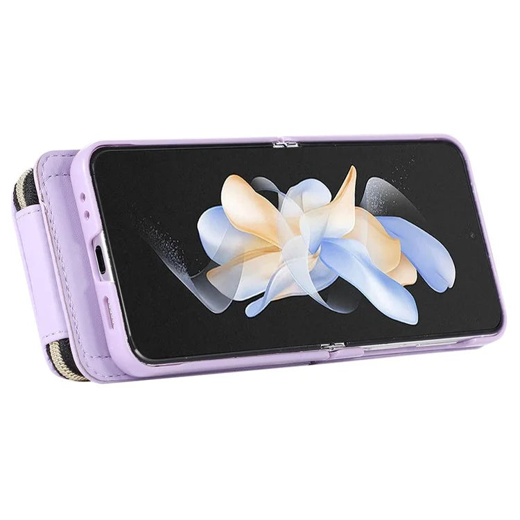 For Samsung Galaxy Z Flip5 5G Case Leather+PC Zipper Phone Cover with Wrist Strap