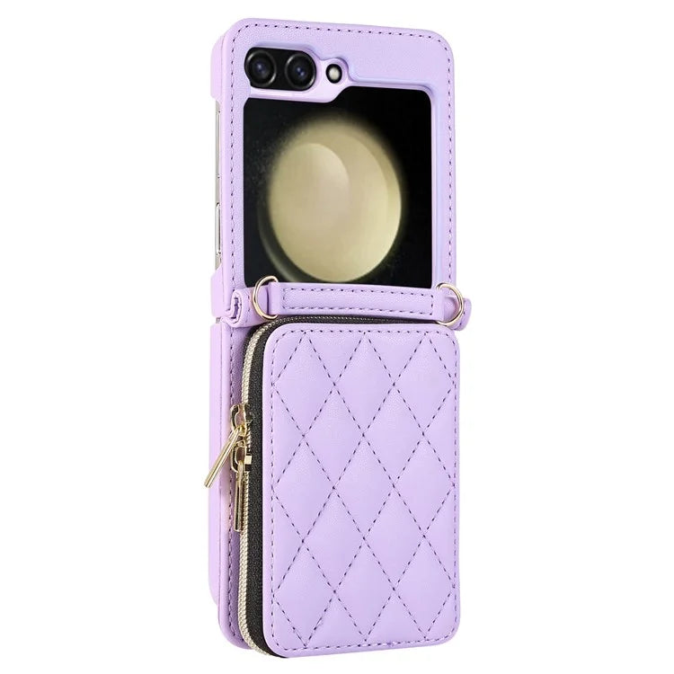 For Samsung Galaxy Z Flip5 5G Case Leather+PC Zipper Phone Cover with Wrist Strap
