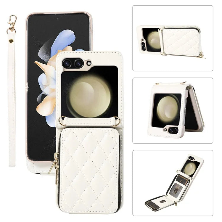 For Samsung Galaxy Z Flip5 5G Case Leather+PC Zipper Phone Cover with Wrist Strap