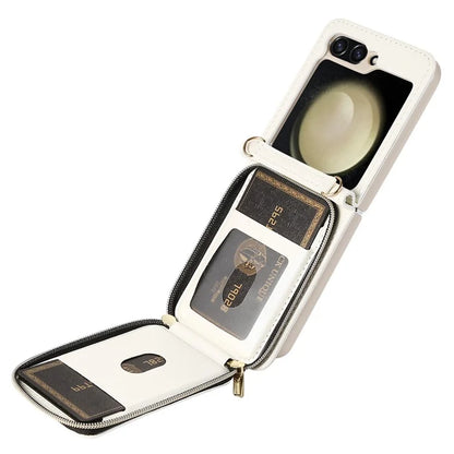 For Samsung Galaxy Z Flip5 5G Case Leather+PC Zipper Phone Cover with Wrist Strap