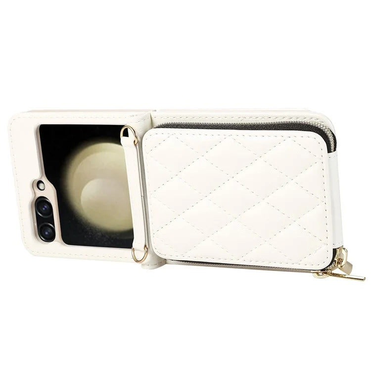For Samsung Galaxy Z Flip5 5G Case Leather+PC Zipper Phone Cover with Wrist Strap
