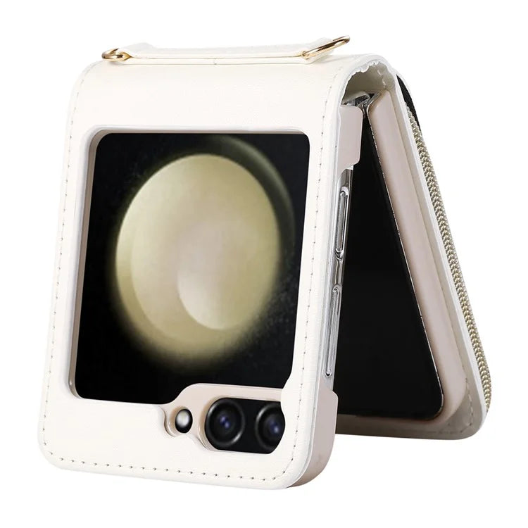 For Samsung Galaxy Z Flip5 5G Case Leather+PC Zipper Phone Cover with Wrist Strap